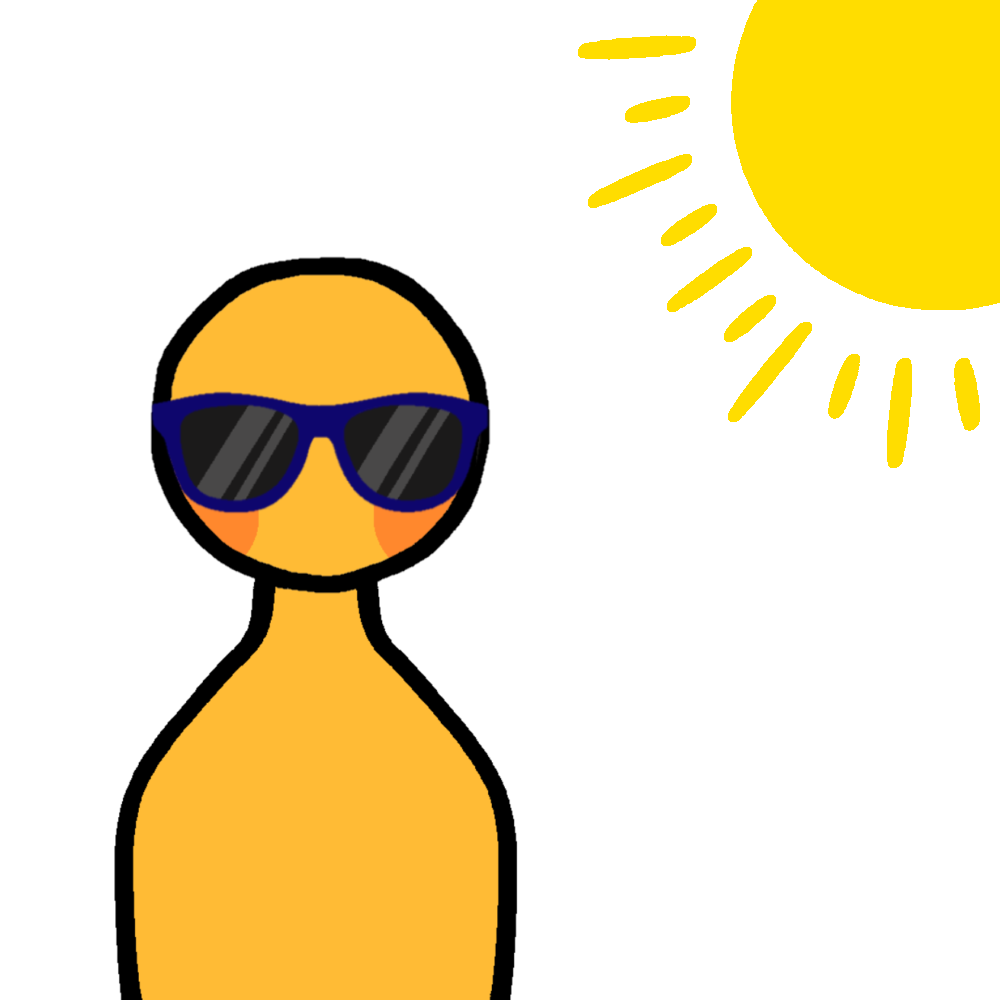 A yellow figure with dark blue sunglasses on their face and a yellow simplified sun in the top right corner.